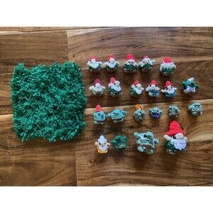 Lot of 17 Handmade Crochet Amigurumi Goblins & Gnome w/Grass Pad